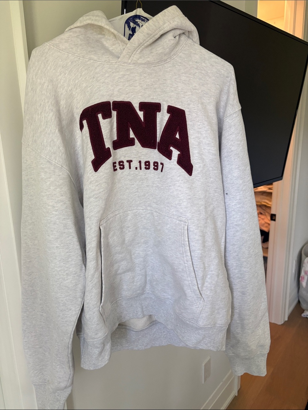 TNA Light Gray Crewneck Hoodie with Burgundy Appliqué